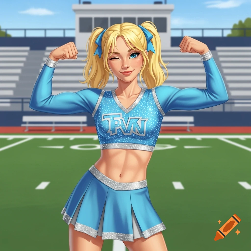A blonde cheerleader with pigtails and blue bows flexes her biceps, winking in a blue glittery uniform on a football field.
