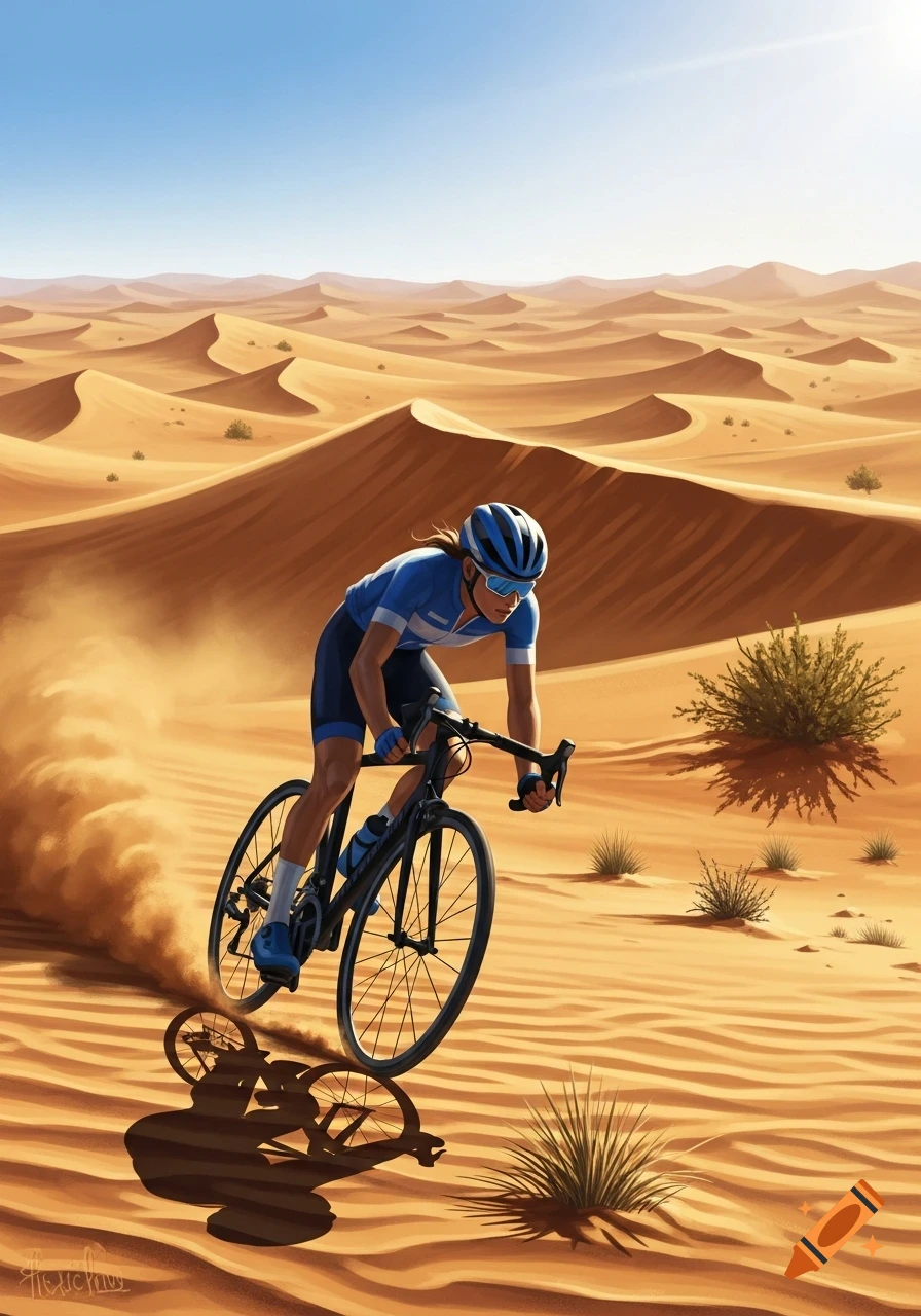 A stylized illustration of a cyclist in blue and white gear riding a black road bike across sand dunes in a sunny desert.