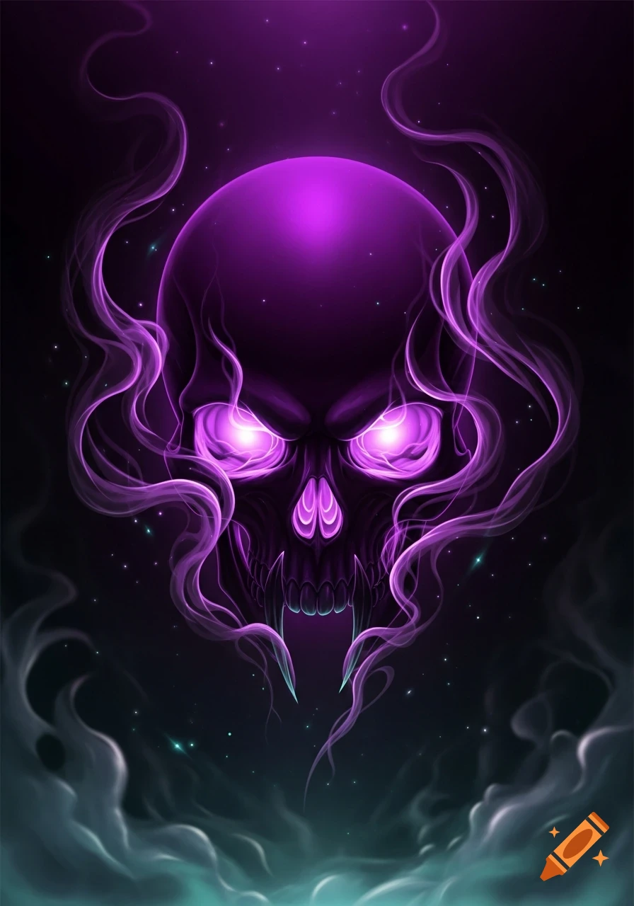 A stylized purple skull with glowing eyes emits purple smoke, set against a dark, starry background with green mist below.