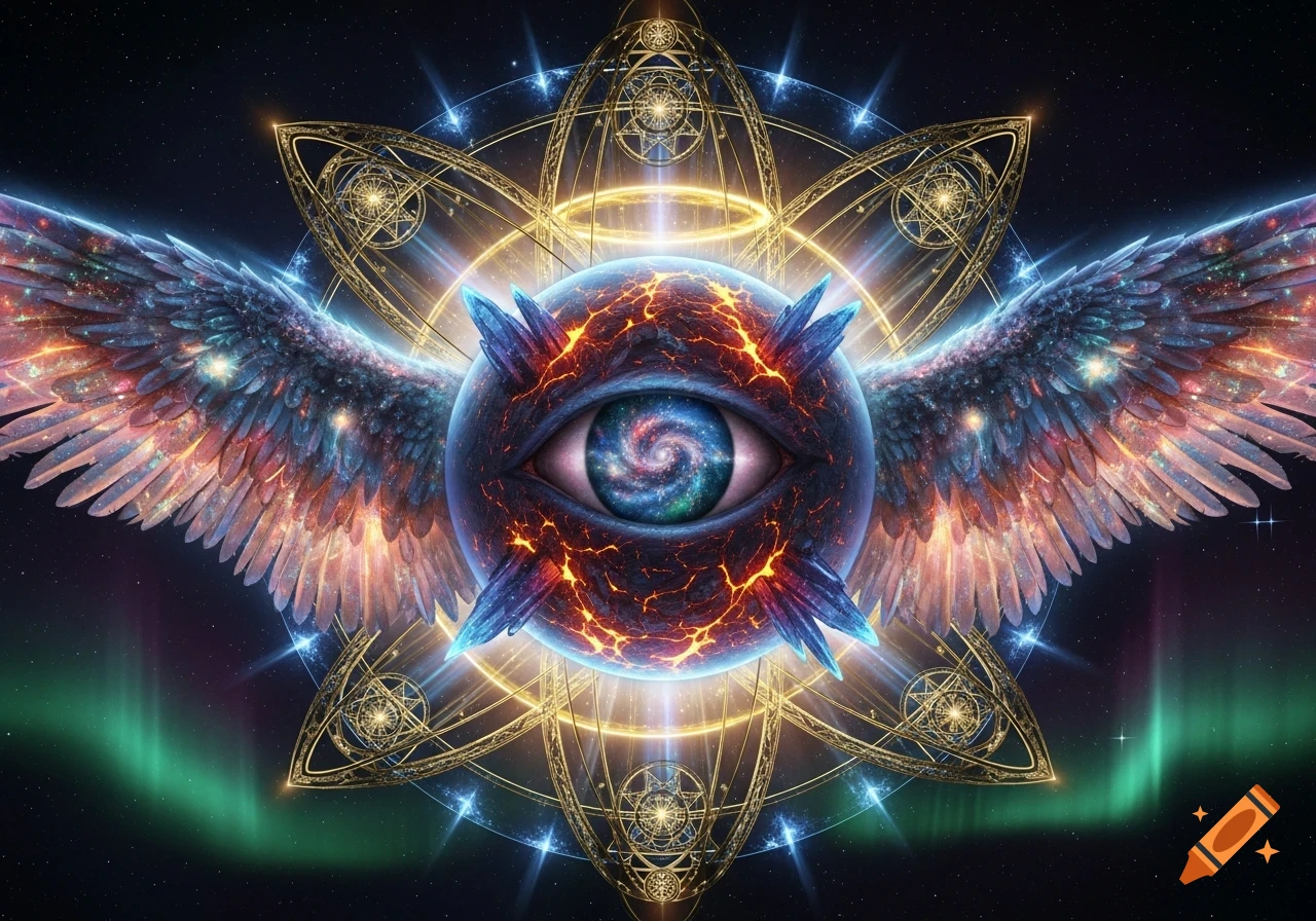 A hyperrealistic cosmic planet-eye being with vibrant, feathery wings, glowing cracks, and swirling galaxies in its iris, surrounded by golden geometric rings against deep space auroras.
