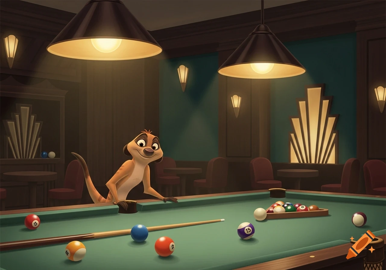 Timon the meerkat leans over a green pool table, cue stick ready, in a dim, stylized Art Deco billiards room.