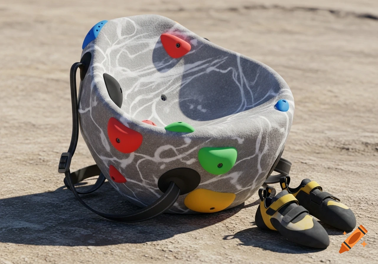 A gray, textured portable climbing seat with colorful holds and a strap, next to a pair of yellow and black climbing shoes on sandy ground.