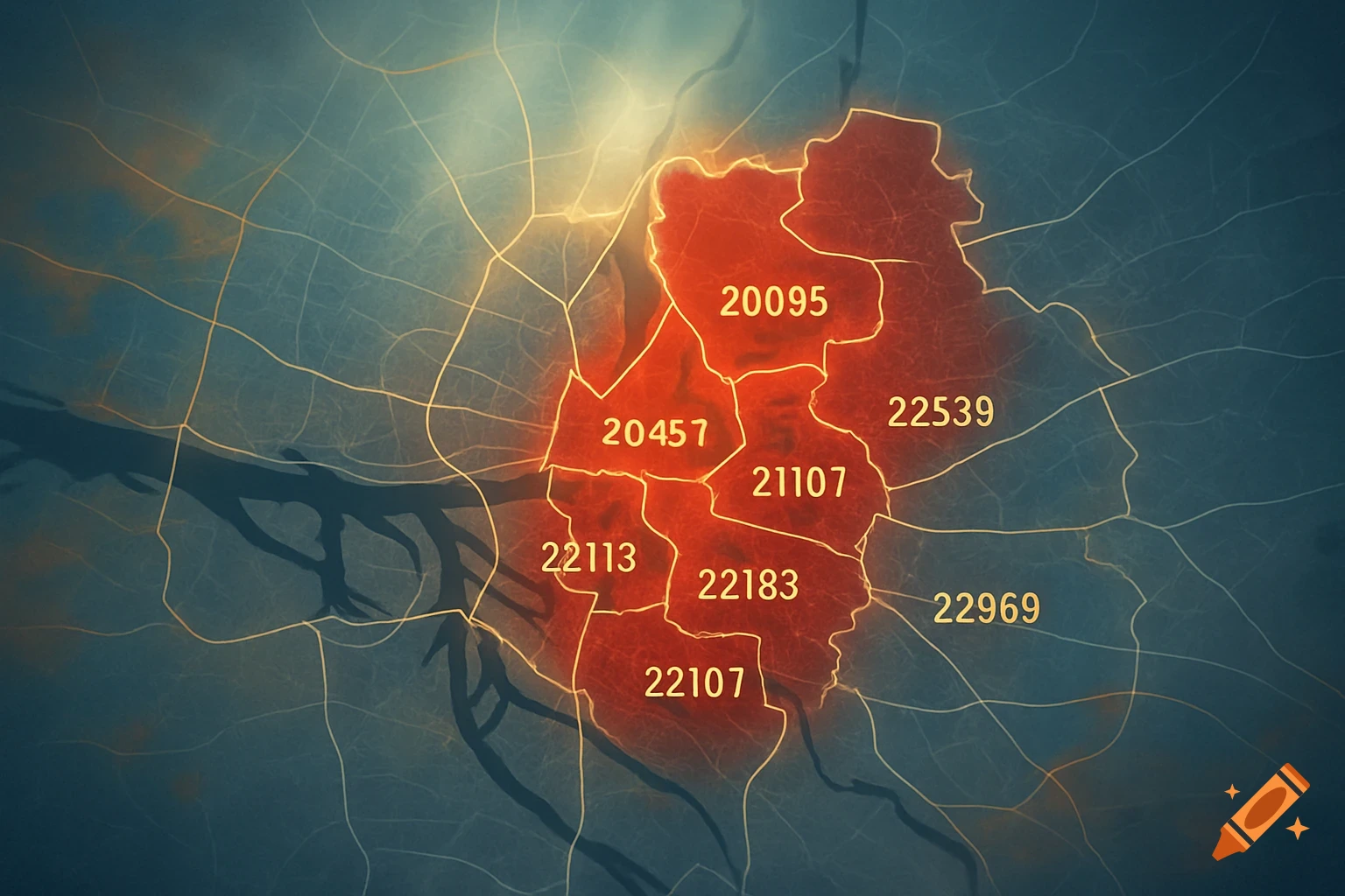 A stylized map showing red-highlighted regions with several 5-digit postal codes against a dark teal background with faint city grids.
