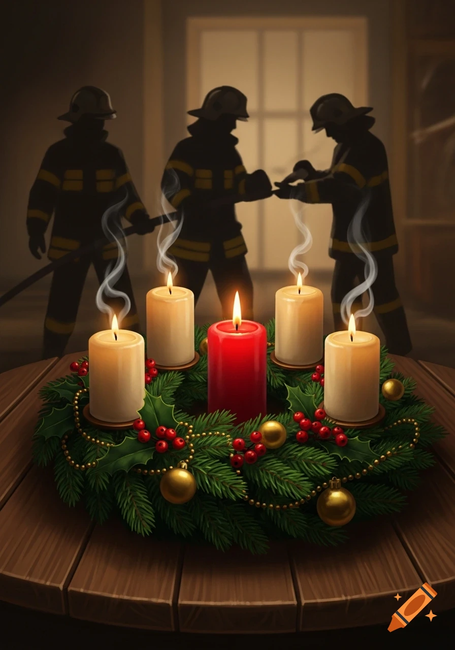 An illustration of an Advent wreath on a wooden table, with one candle lit and three smoking. Silhouetted firefighters are in the background.