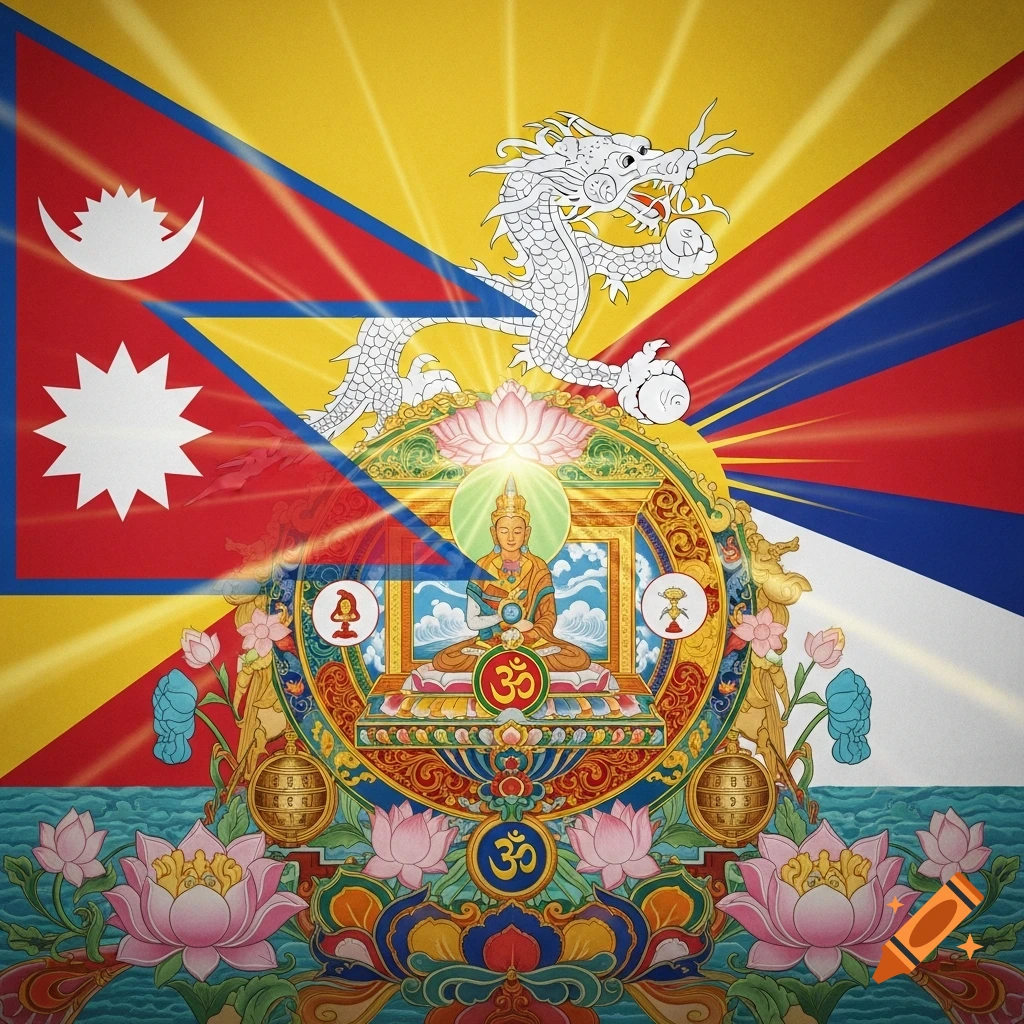 A colorful composite flag design combining elements of Nepal, Bhutan, and Tibet flags, featuring a central meditating Buddha on a lotus, surrounded by a mandala and Om symbols, with lotus flowers at the base.
