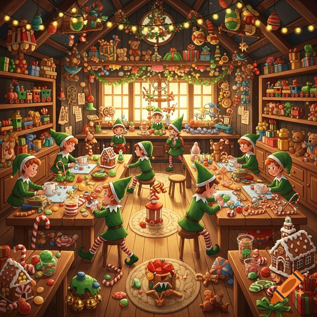 A vibrant illustration of many elves in a cozy, festive Christmas workshop, decorating gingerbread houses and candies among shelves overflowing with toys.