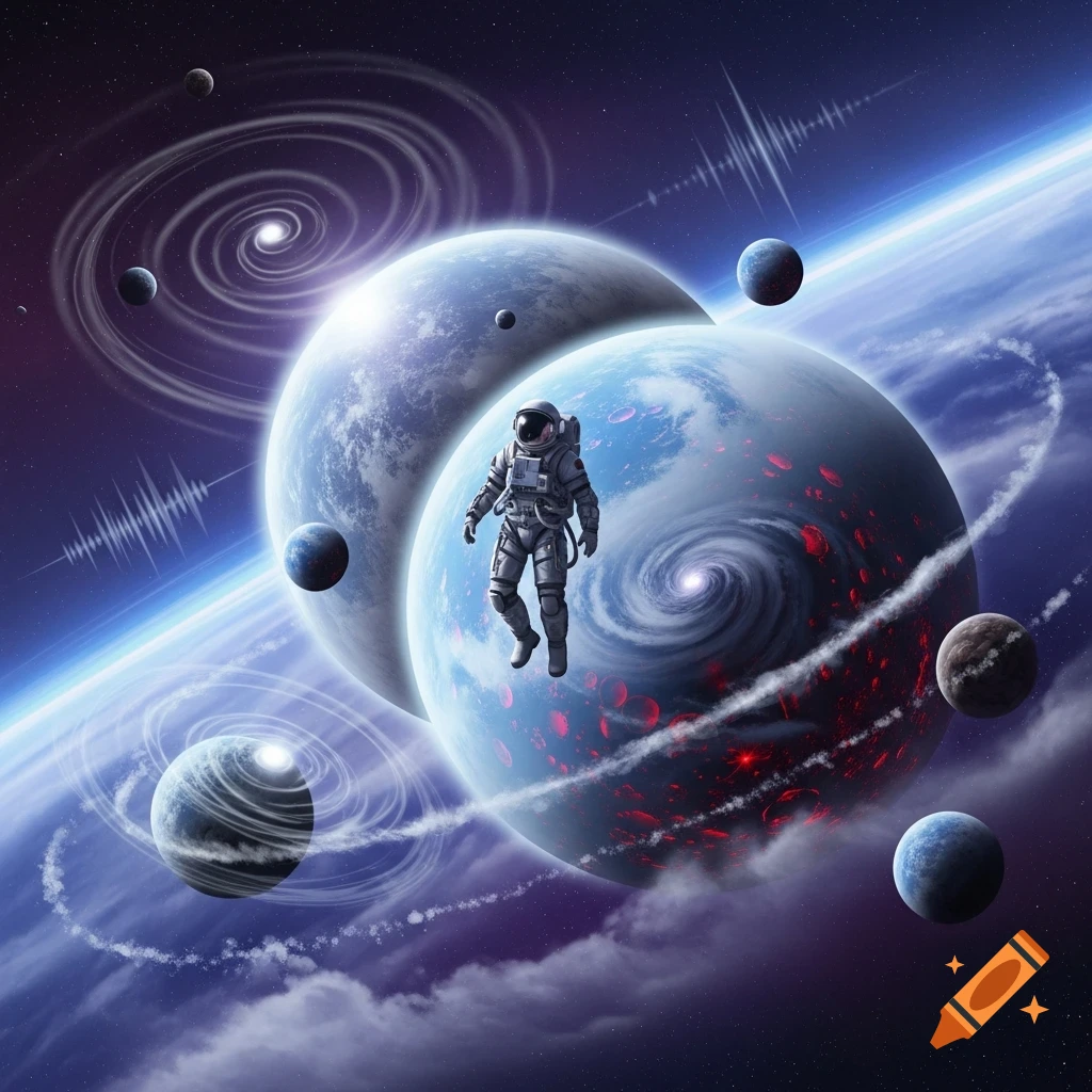 An astronaut floats between a large planet with red glowing patches and a blue planet, surrounded by cosmic swirls and smaller moons.