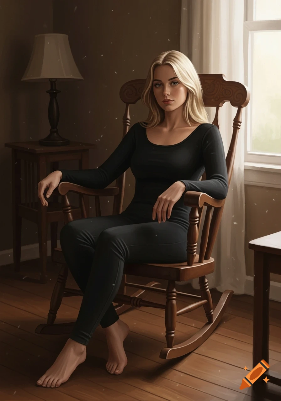 A blonde woman in a black bodysuit sits barefoot in a wooden rocking chair in a softly lit room.