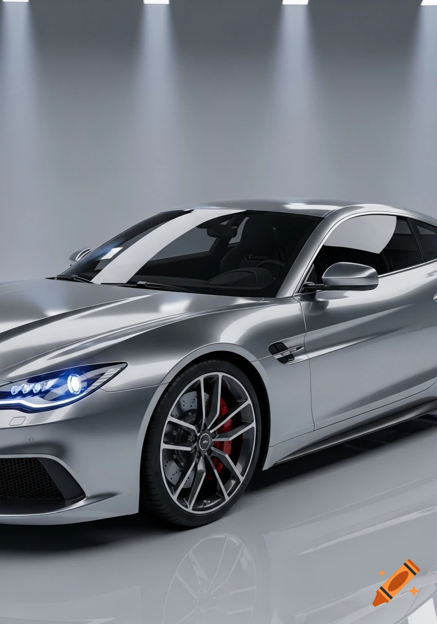 Photorealistic silver sports car with glowing blue headlights in a minimalist studio setting.