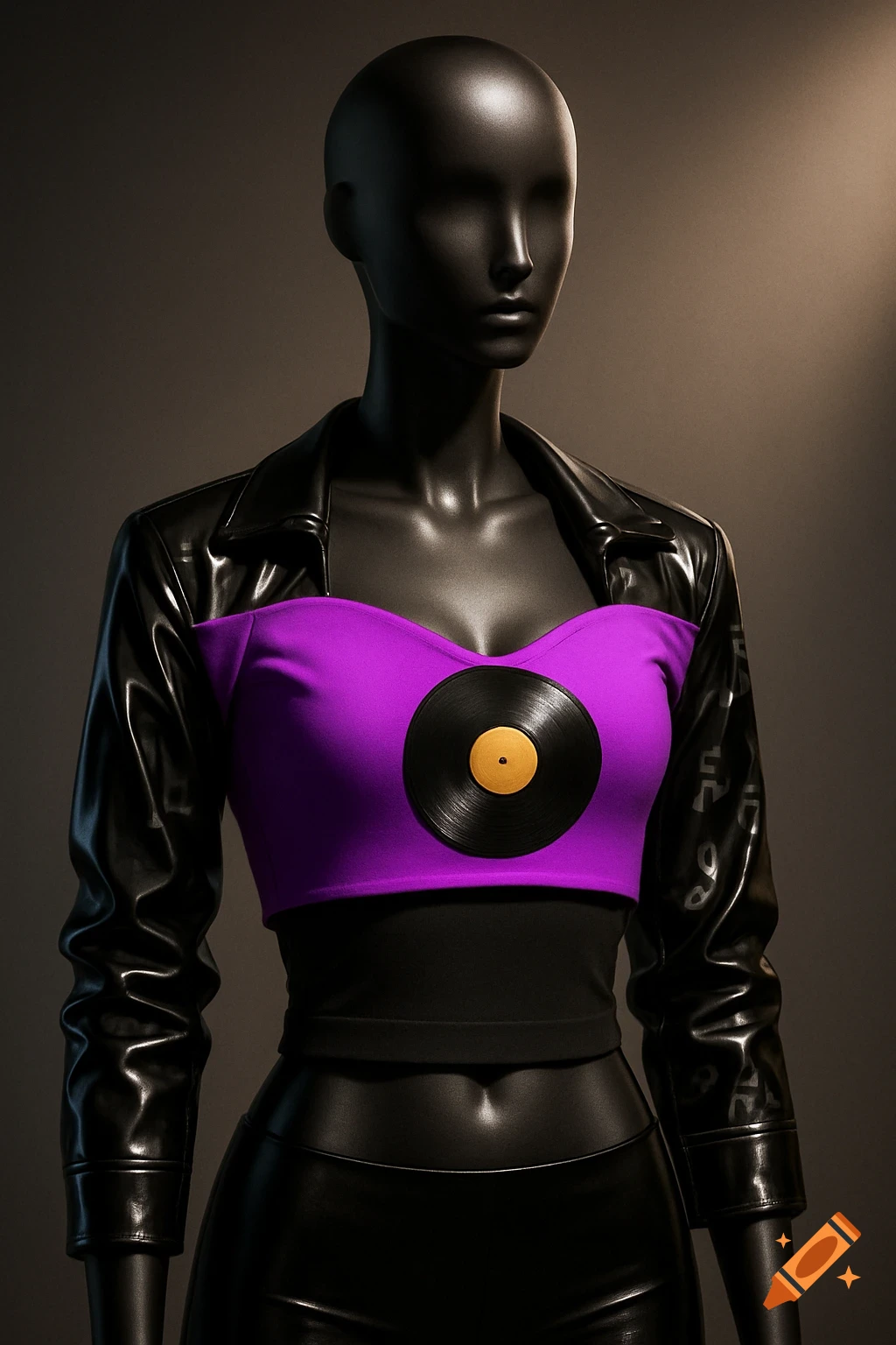 A black mannequin wears a purple crop top with a vinyl record graphic and a black patent leather jacket.