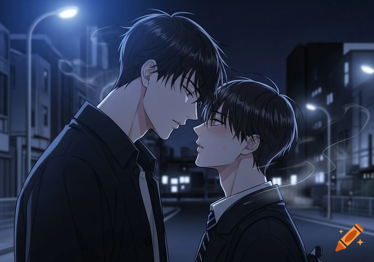Two young men in a manga art style stand intimately close on a dimly lit city street at night, gazing at each other.