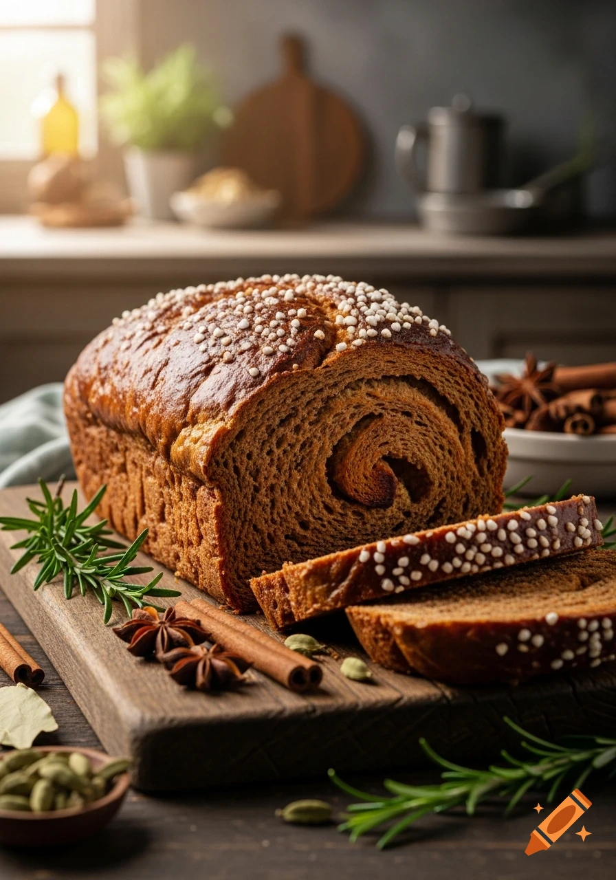 Photorealistic gingerbread loaf, sliced, with sugar pearls, cinnamon sticks, star anise, and rosemary on a wooden board in a kitchen.