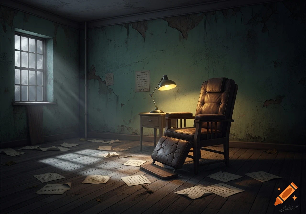 A dimly lit, dilapidated room with peeling green walls, a barred window, a brown leather armchair, a desk lamp, and papers scattered on a wooden floor.