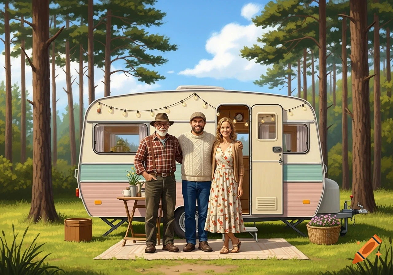 Three smiling people, two men and a woman, stand in front of a pastel-colored camper with string lights in a sunny forest clearing.