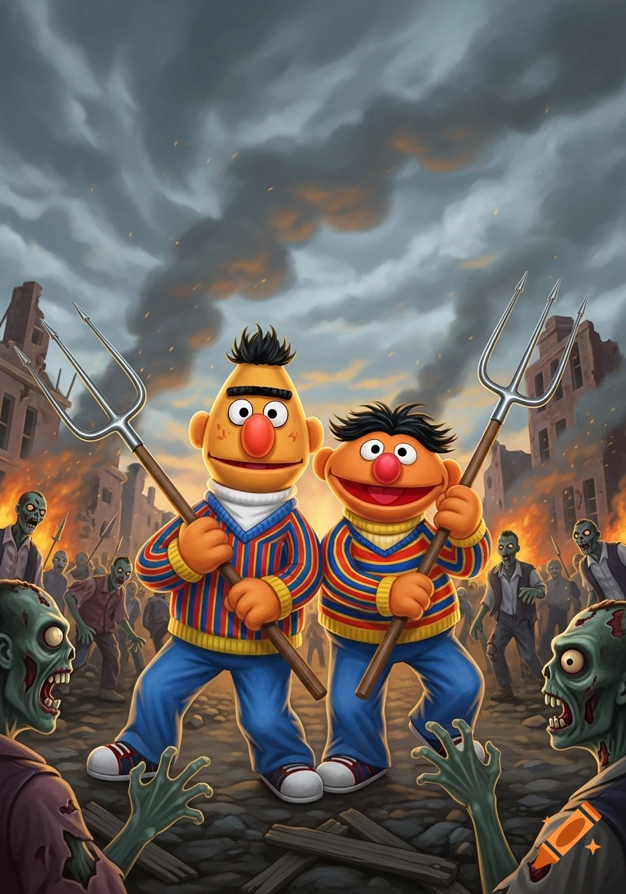 Cartoon illustration of Bert and Ernie holding pitchforks, facing a horde of zombies in a burning, apocalyptic city.