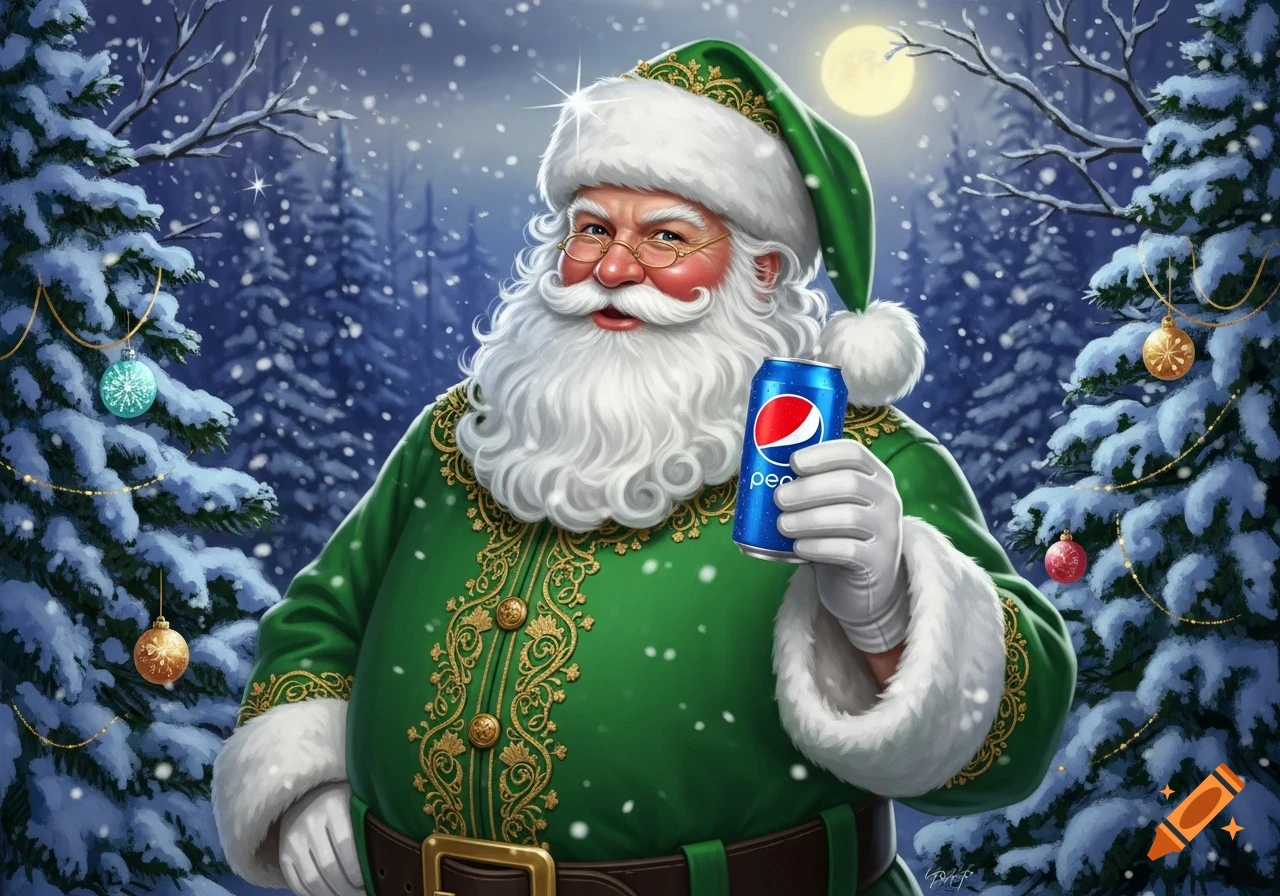 Santa Claus in a green suit holding a Pepsi can in a snowy forest with Christmas trees under a full moon.