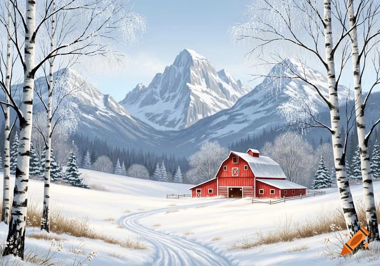 A red barn sits in a snowy winter landscape with birch trees and tall mountains. A path leads to the barn.