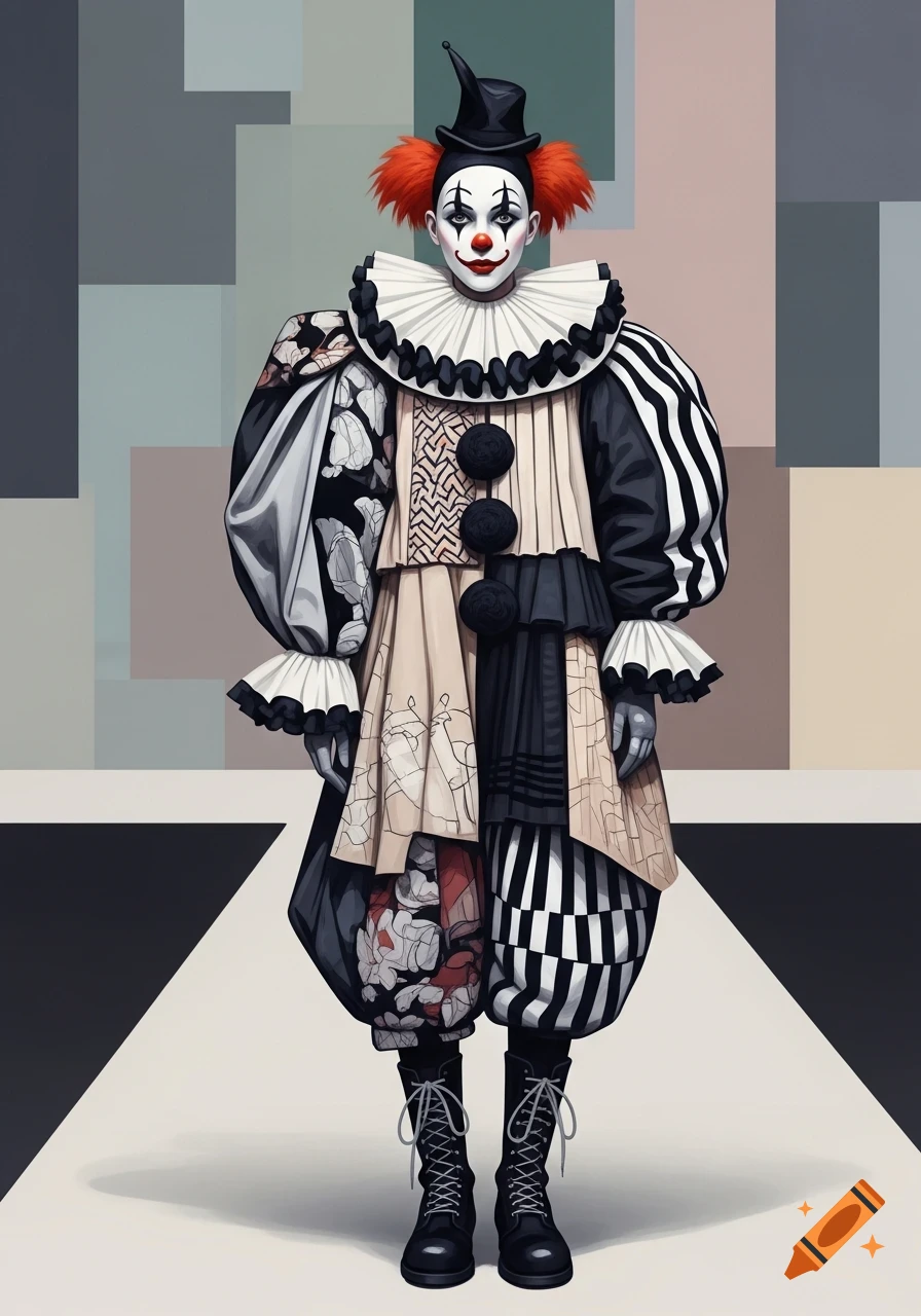 A stylized clown in a complex black, white, and beige avant-garde outfit with a ruffled collar and top hat, standing on a runway.