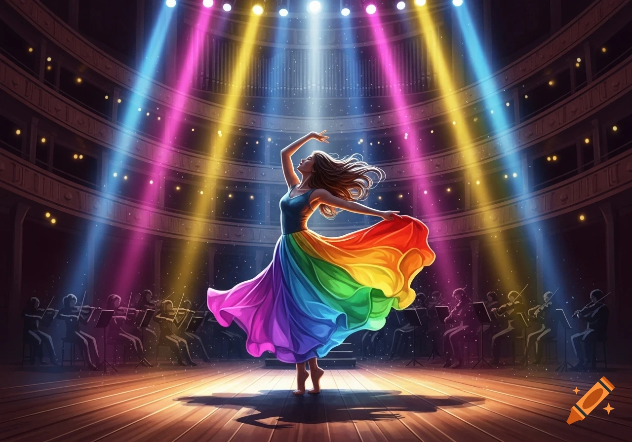 Vibrant illustration of a woman dancing joyfully in a flowing rainbow dress on a stage, lit by colorful spotlights, with an orchestra in the background.