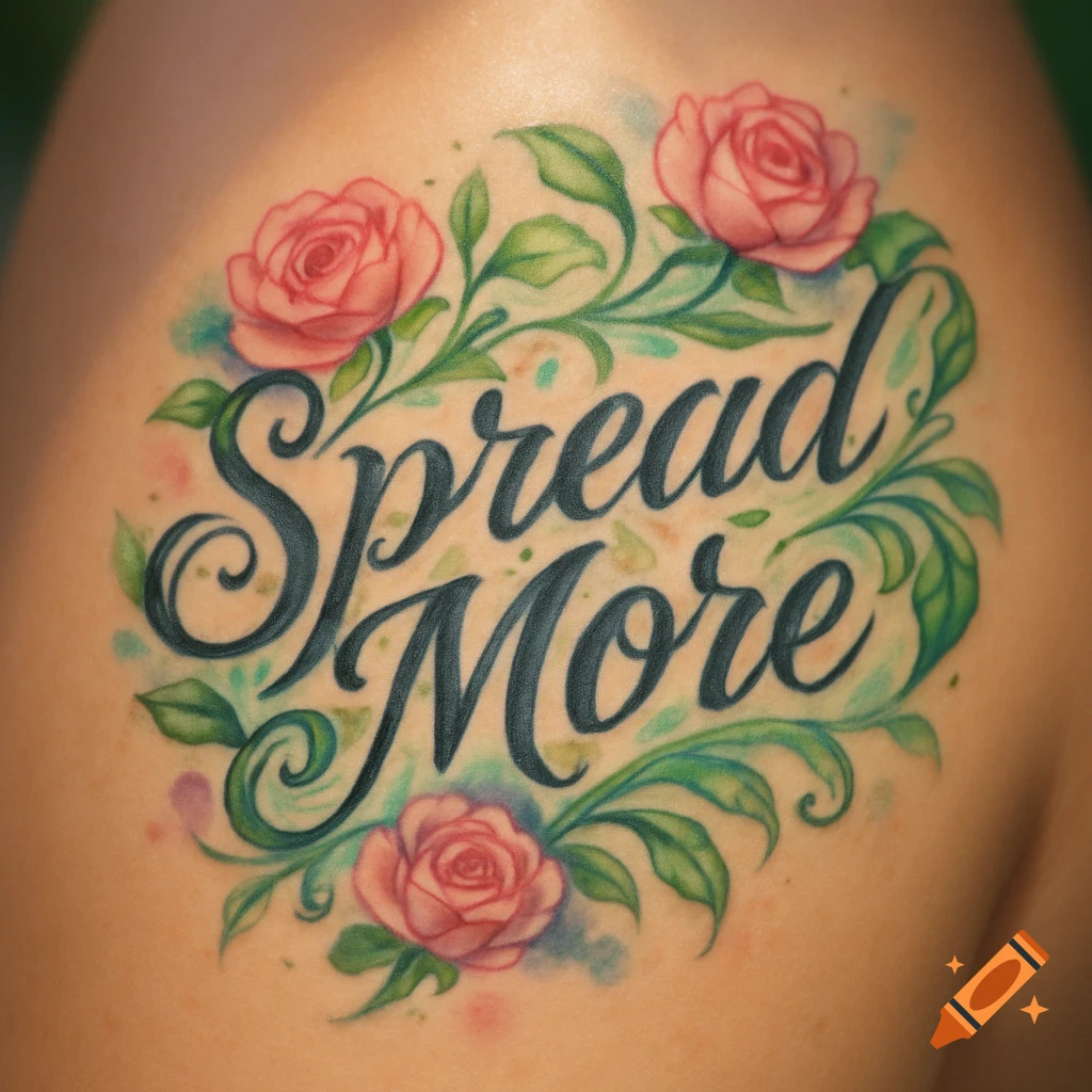 Colorful tattoo on skin reading 'Spread More' in script, surrounded by pink roses and green leaves.