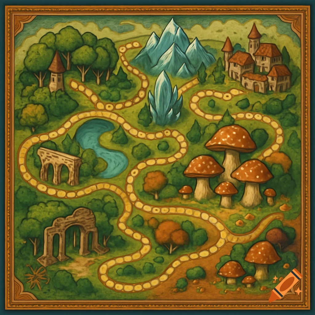 A colorful, overhead view of a fantasy board game map featuring a winding path through forests, mountains, castles, and giant mushrooms.