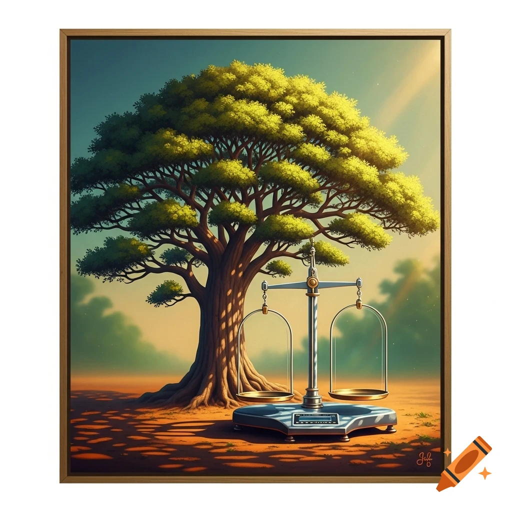 Stylized illustration of a large tree with vibrant green leaves next to ...