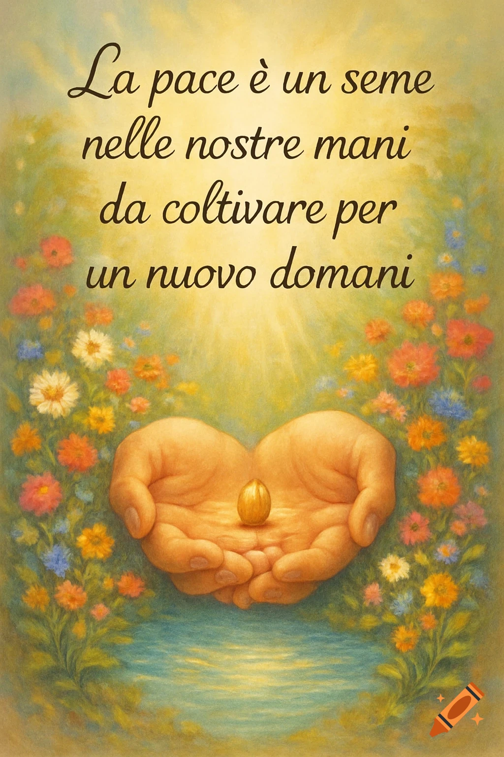 Illustrated hands gently cup a golden seed amidst vibrant flowers and water, with Italian text about peace and a new tomorrow.