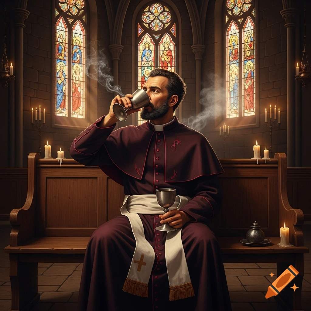 A bearded priest in a purple cassock sits on a church pew, drinking from a silver chalice, with stained glass windows behind him.