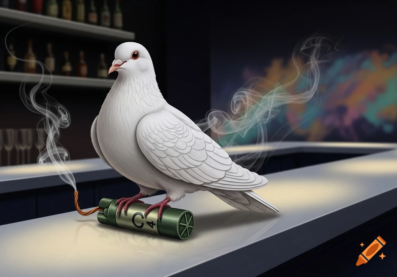 A white dove stands on a bar counter, holding a smoking C4 explosive stick in its feet, in a stylized drawing.