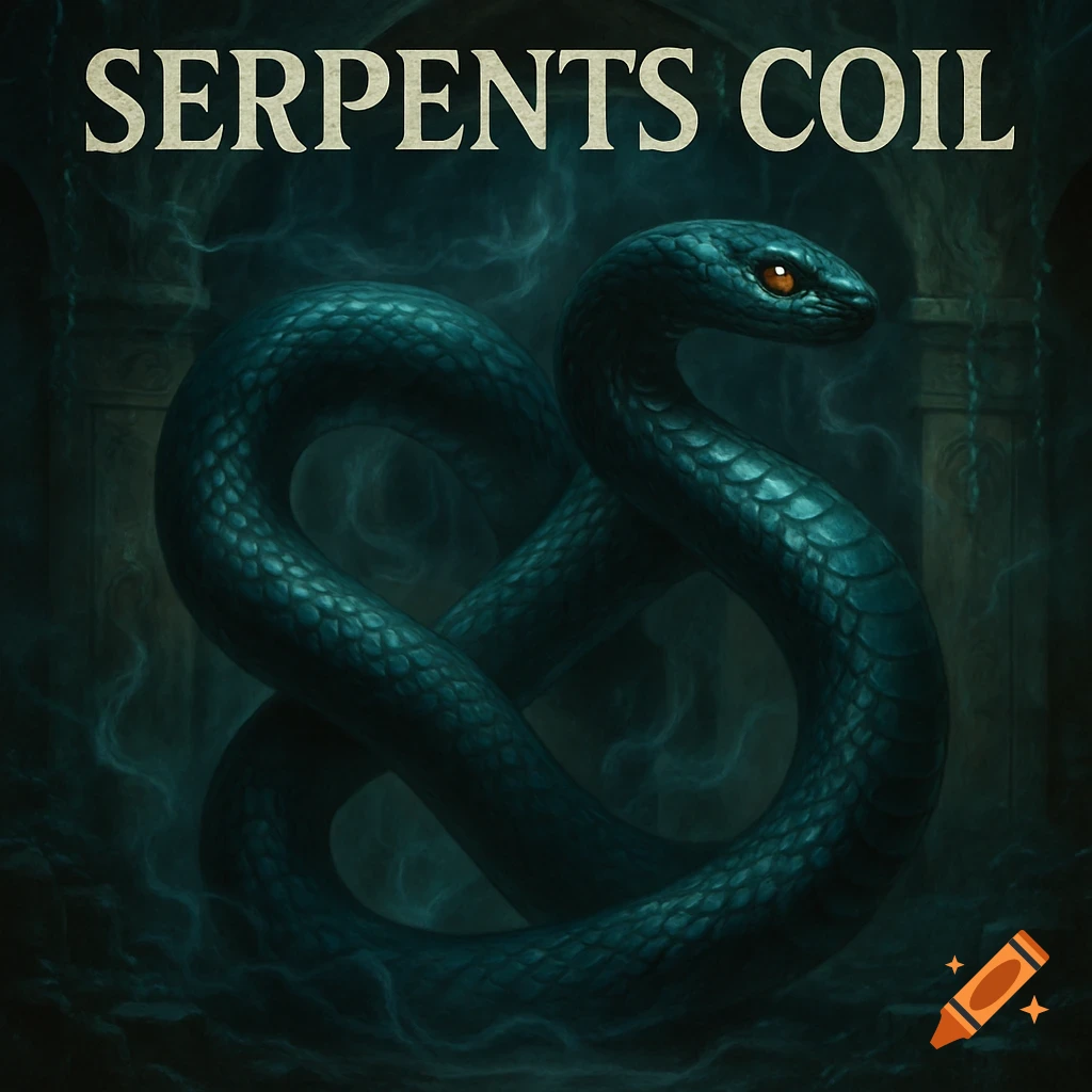 A dark teal snake with orange eyes coiled into an elaborate knot, with the text 'SERPENTS COIL' above it. The background is a dark, misty cavern.