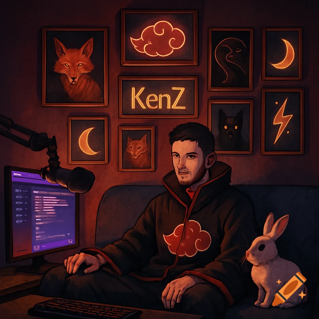 A man in an Akatsuki cloak sits at a Twitch streaming station with a rabbit and glowing framed pictures.