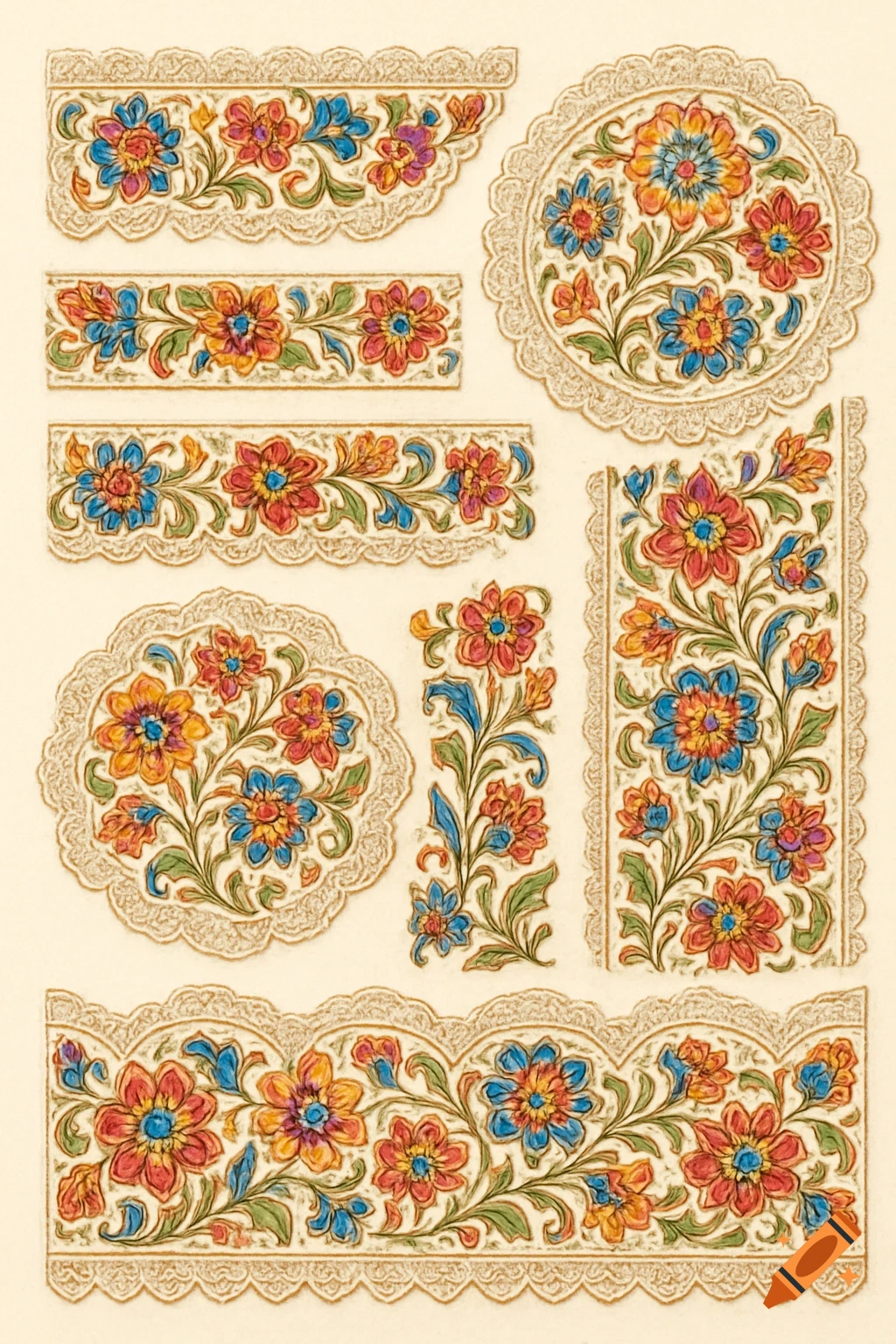 Ornate floral borders, trims, and doily patterns with red, blue, and yellow flowers on a cream background.