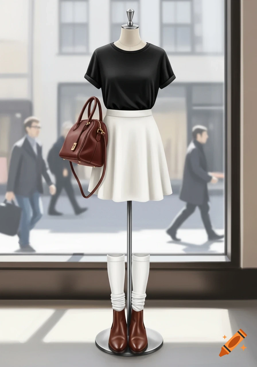 A photorealistic mannequin in a store window displays a black t-shirt, white skirt, brown handbag, white knee socks, and brown shoes.