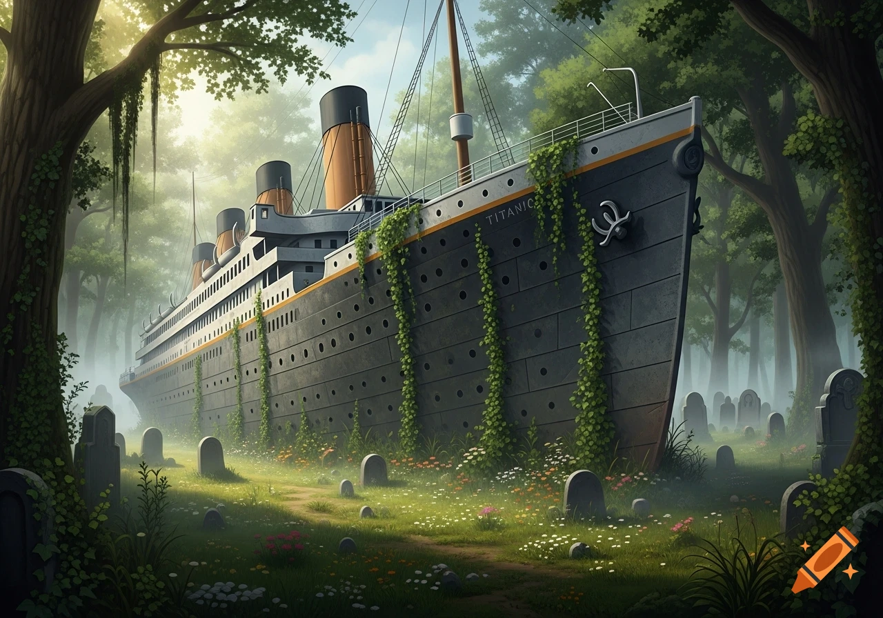 A massive, overgrown Titanic-shaped gravestone stands in a misty, ethereal forest graveyard, surrounded by lush greenery and wildflowers.