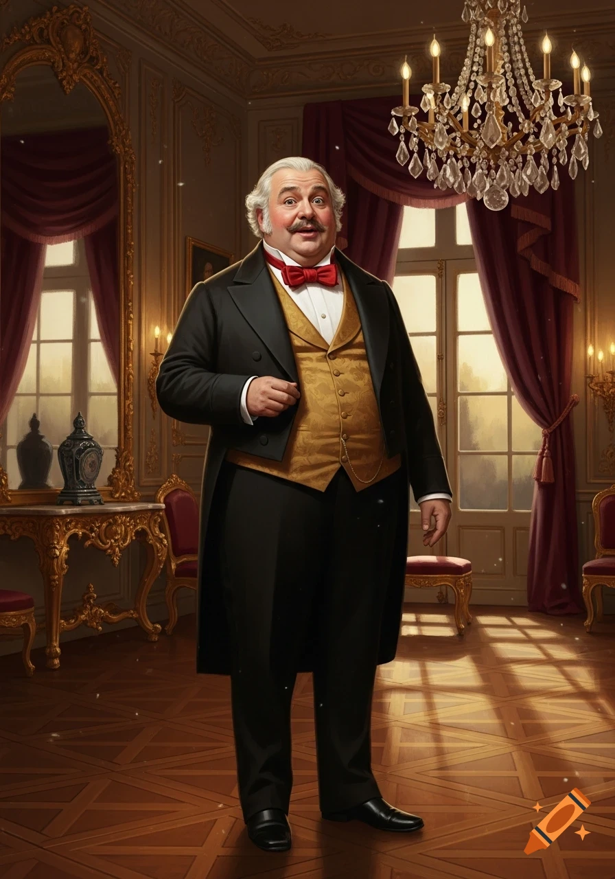 A portly man with a mustache, dressed in a black tailcoat, gold waistcoat, and red bow tie, stands in a lavish, classically furnished room.