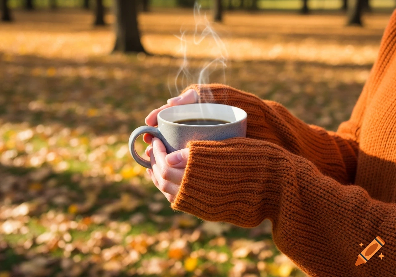 Close-up of hands in an orange sweater holding a steaming coffee mug in an autumn park with fallen leaves.