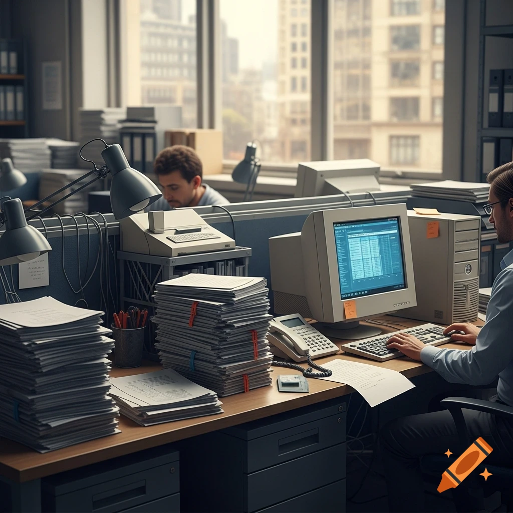 A cluttered office cubicle with a worker at a vintage computer, surrounded by tall stacks of paper, illustrating a manual process.