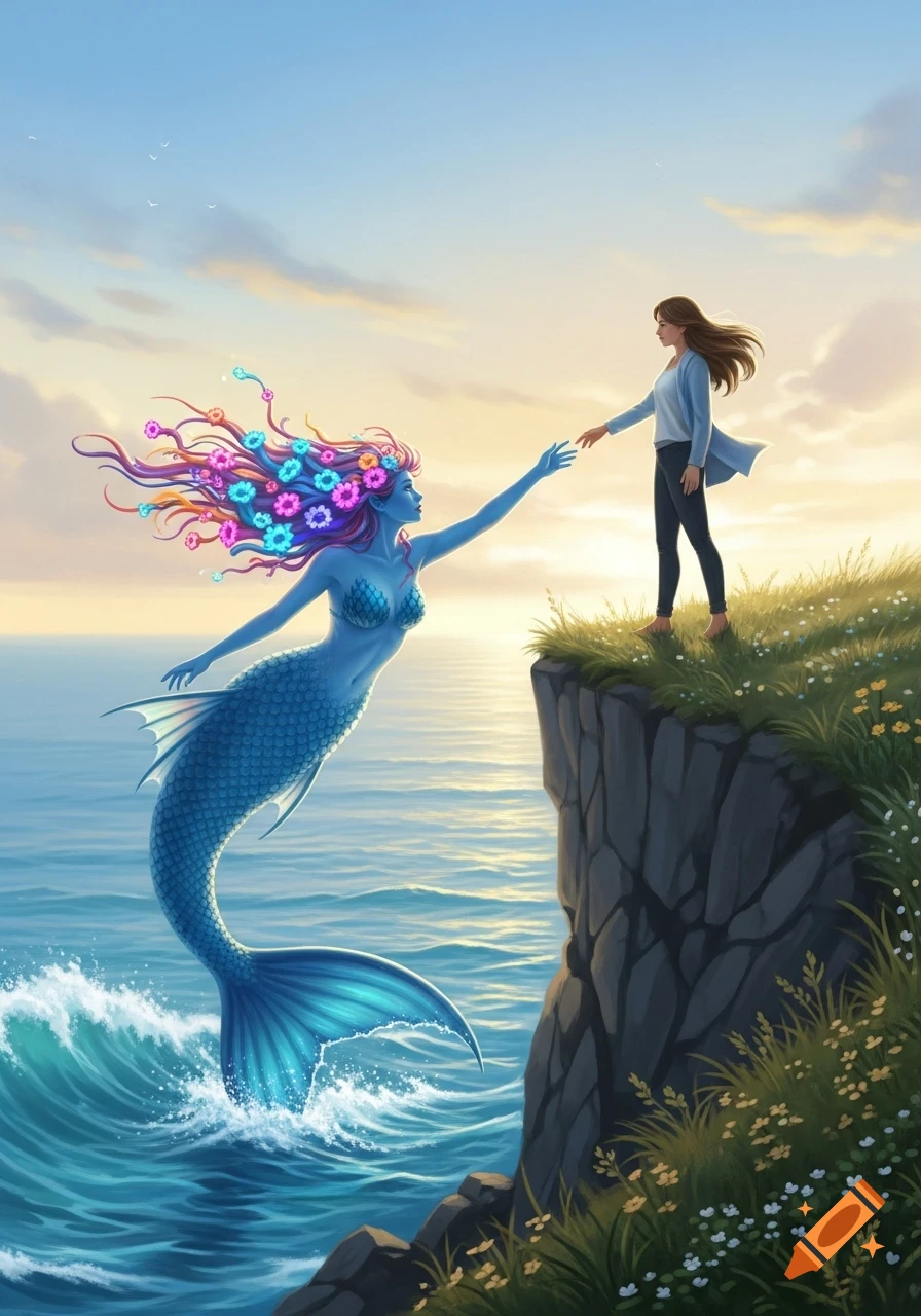 A blue mermaid with colorful anemone-like hair emerges from the ocean, reaching towards a woman standing on a grassy cliff at sunset.