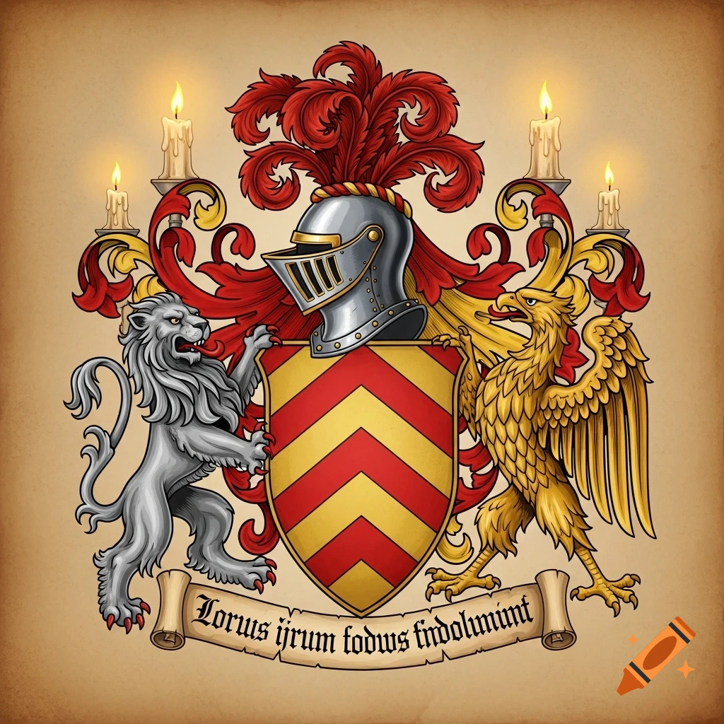 A vibrant medieval coat of arms featuring a knight's helmet with red plumes, a silver lion, a golden griffin, a shield, and two lit candles, set on a parchment background.