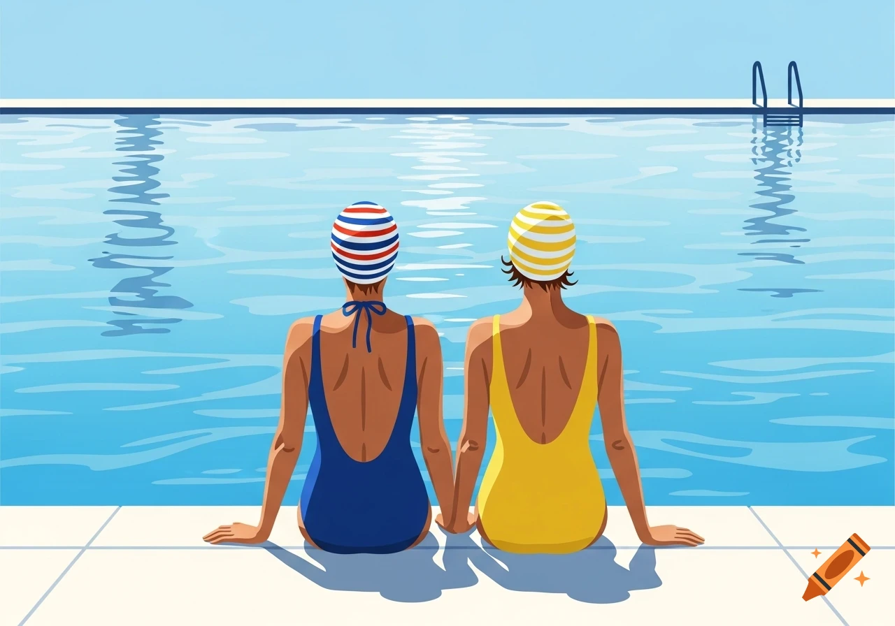 Two women in blue and yellow swimsuits and striped bathing caps sit with their backs to the viewer at the edge of a swimming pool in an Alex Katz-like style.