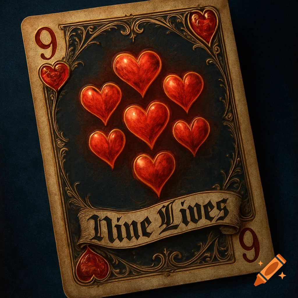 A stylized, dark gold 9 of Hearts playing card with glowing red hearts, ornate borders, and 'Nine Lives' on a banner.