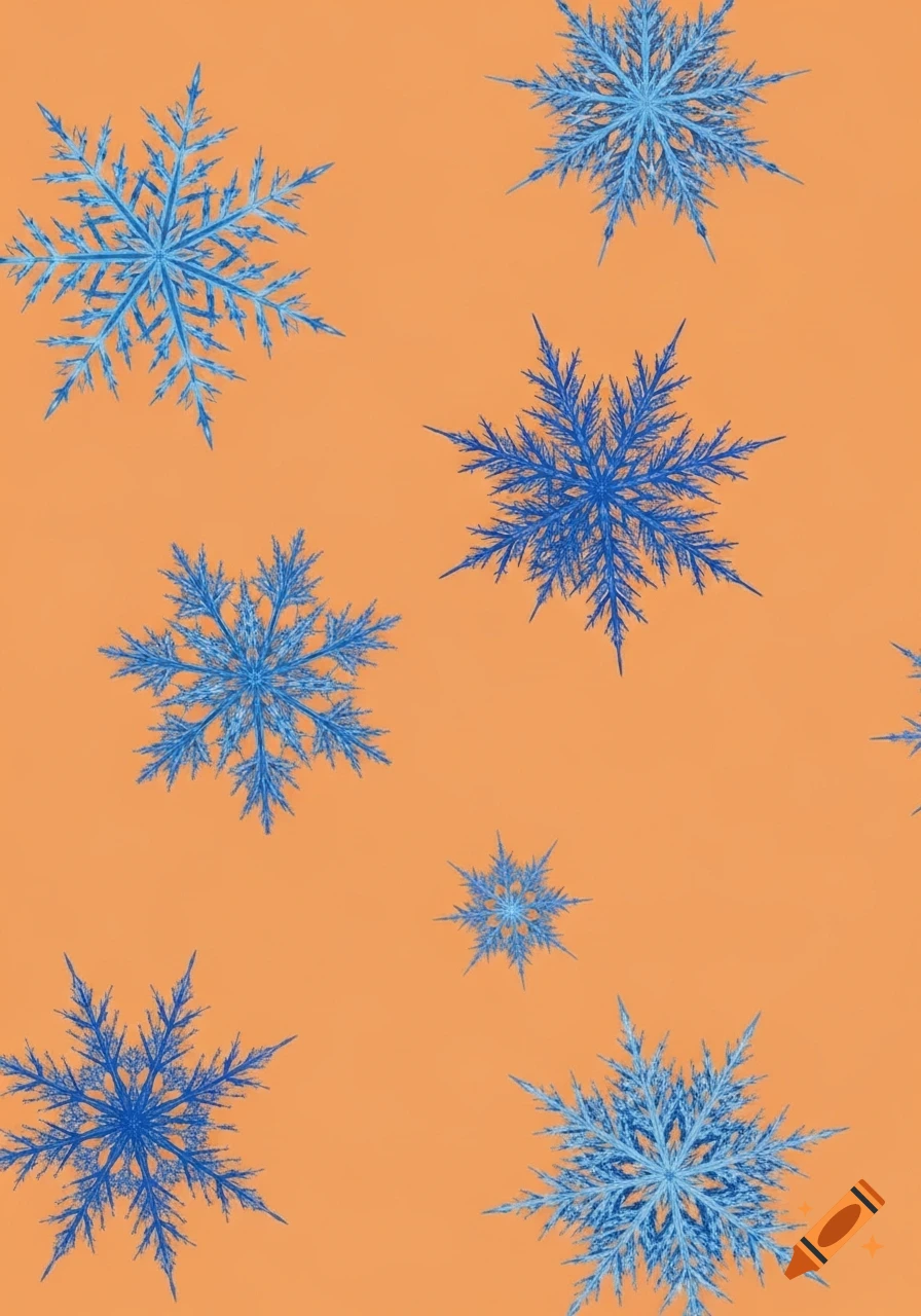 Stylized blue snowflakes of varying sizes scattered on a soft orange background.