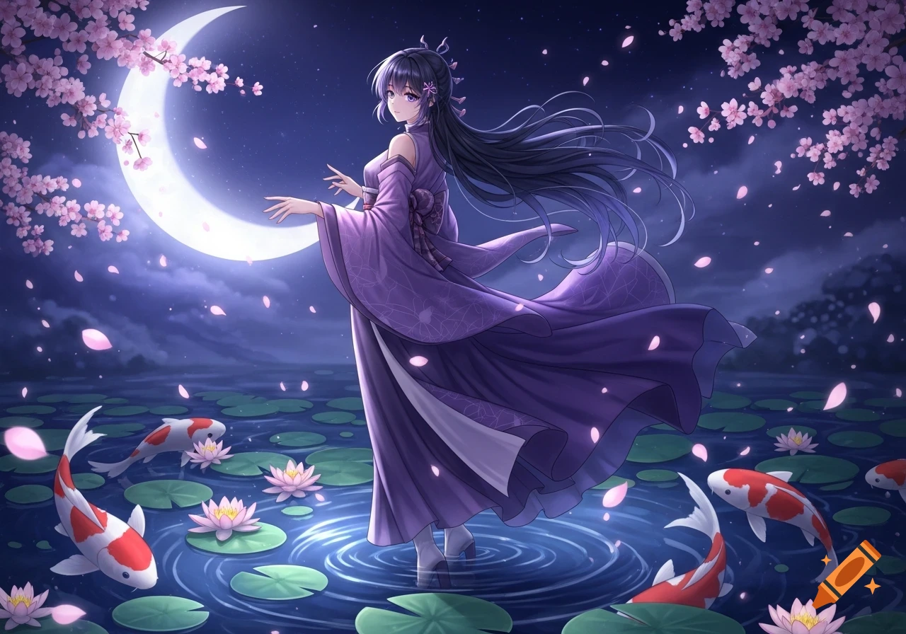 Anime girl in a purple kimono stands in a moonlit pond with koi fish ...