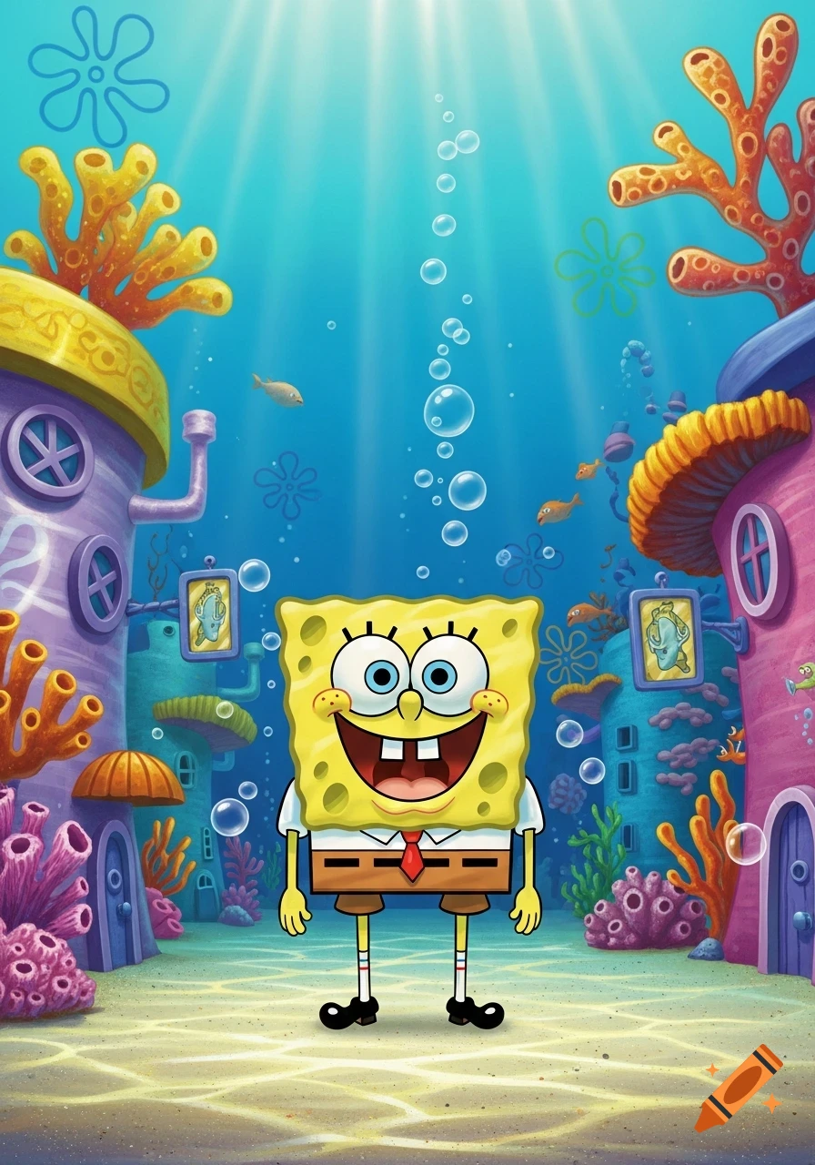 Spongebob Squarepants stands smiling in a colorful underwater city with coral and buildings.
