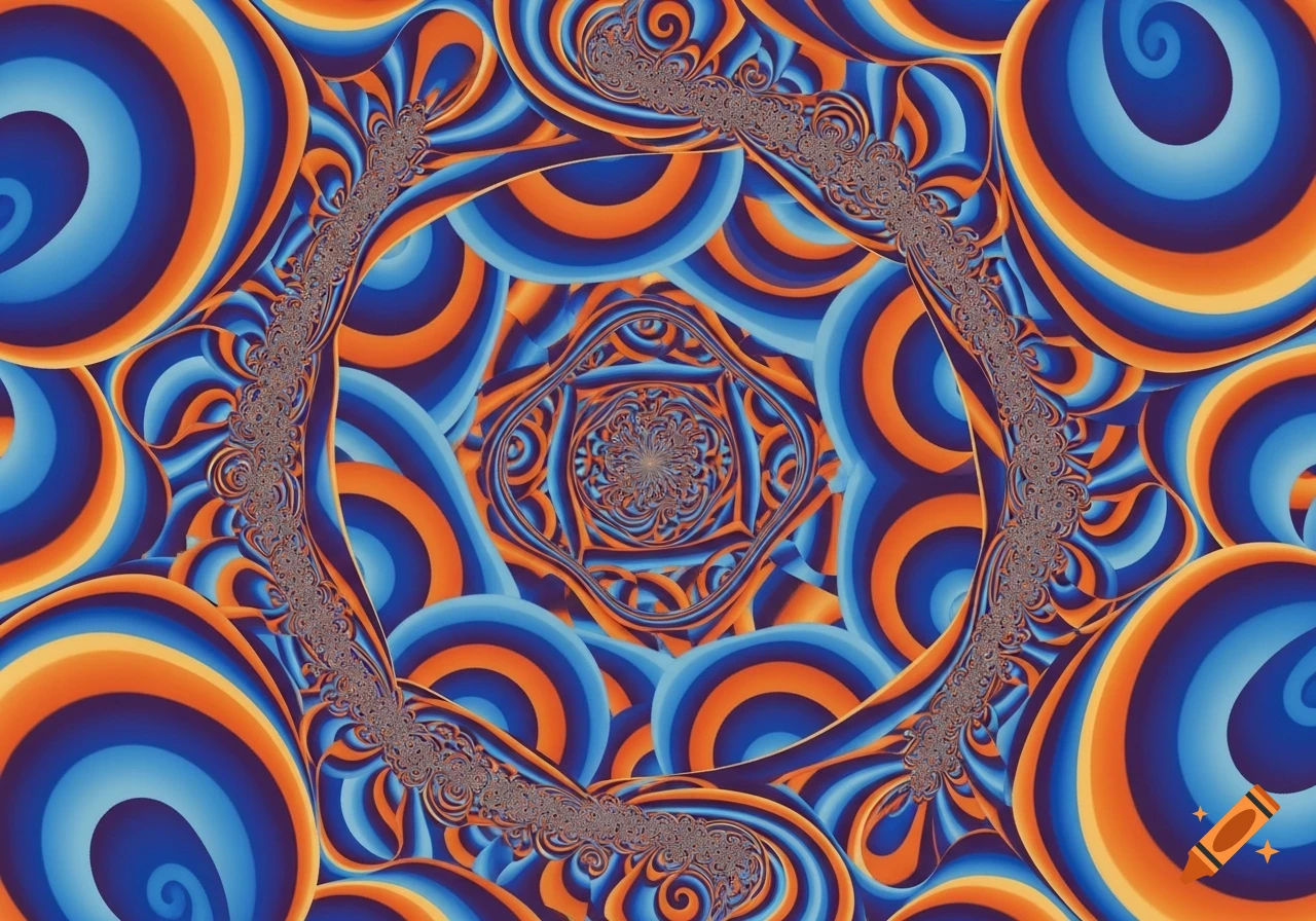 Vibrant optical illusion with swirling concentric patterns in blue and orange, creating a tunnel effect and a central square.