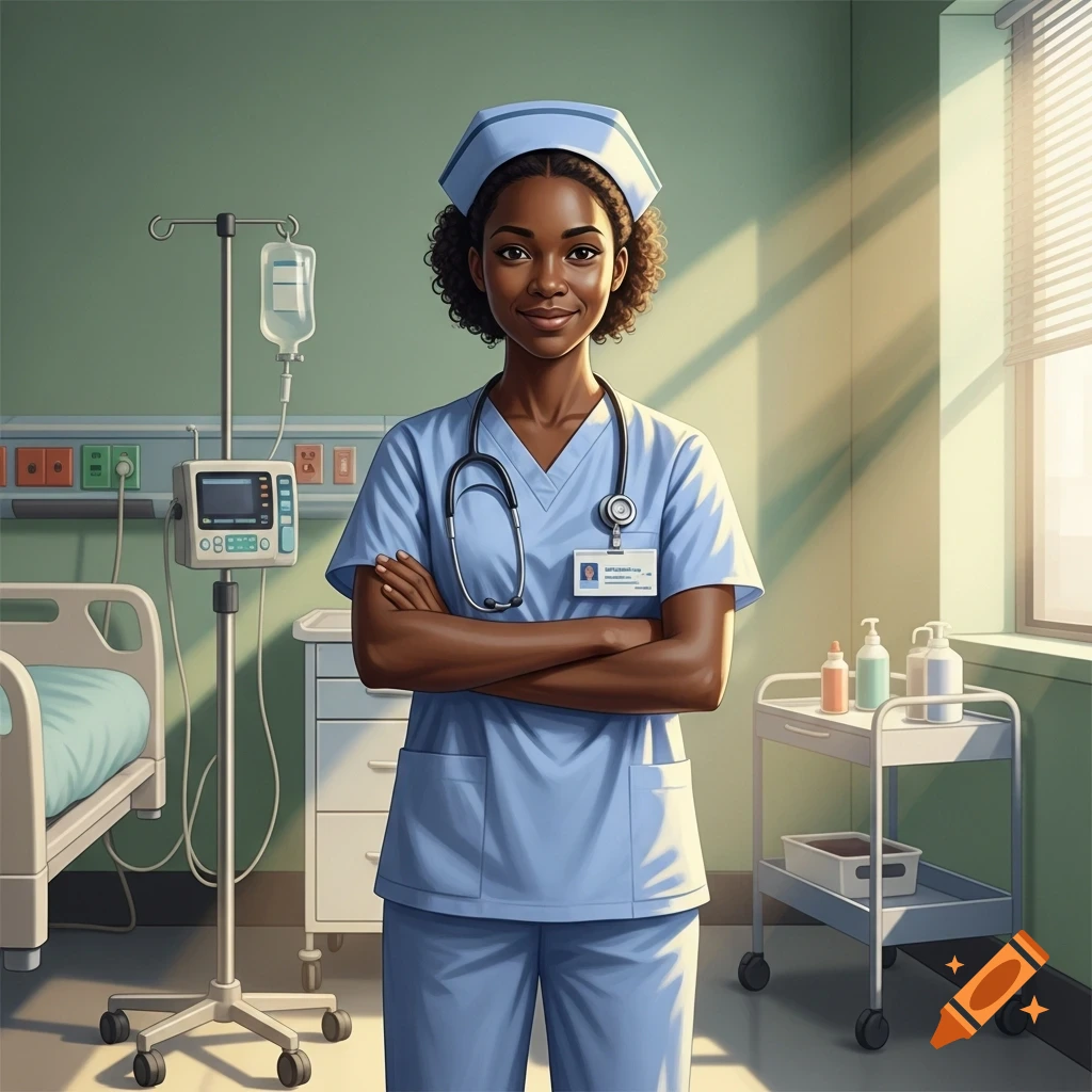 A smiling Black nurse in blue scrubs and a cap stands with crossed arms in a hospital room with a bed and medical equipment.
