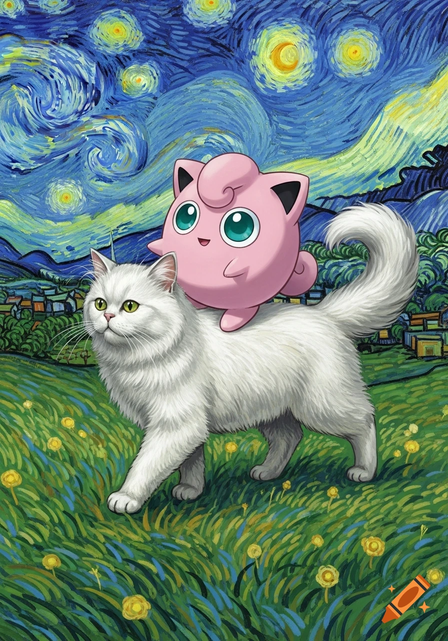 A pink Jigglypuff rides a fluffy white Persian cat through a green field with yellow flowers, under a swirling blue and yellow night sky, in Van Gogh style.