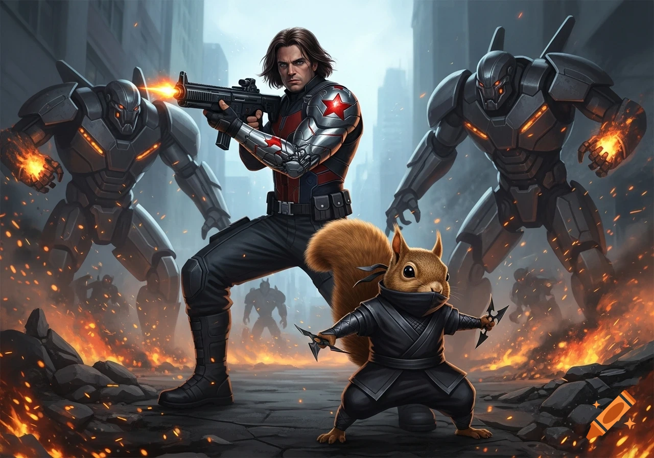 Winter Soldier and a ninja squirrel battle multiple robots in a fiery city street, in a comic book illustration style.