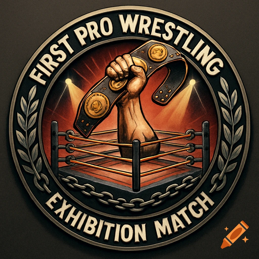 Retro wrestling badge with 'First Pro Wrestling Exhibition Match' text, featuring a hand holding a championship belt above a wrestling ring.