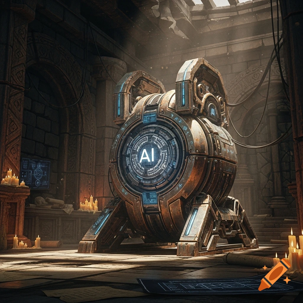 A large, intricate, rustic AI machine glows with a central 'AI' display in an ancient, candlelit stone chamber, with blueprints on the floor. Photorealistic.